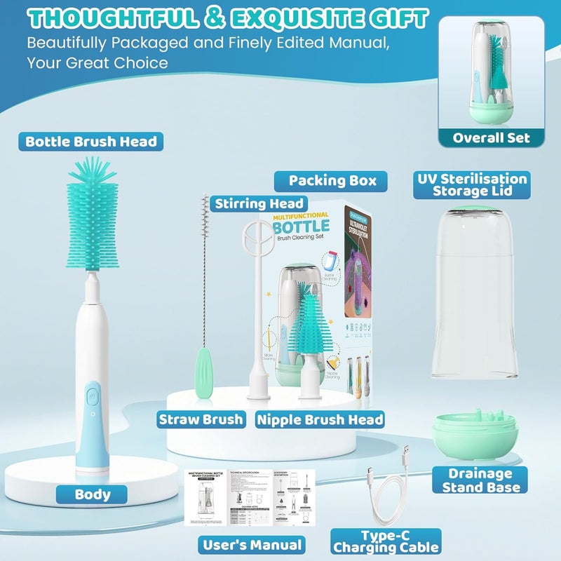 IvyWind Electric Travel Baby Bottle Brush Set with Storage Box, Automatic Bottle Cleaner Brush Kit with Silicone Bottle/Nipple/Straw Brush, Milk Frother Electric and Drainage Rack, Rechargeable, Green - Image 5